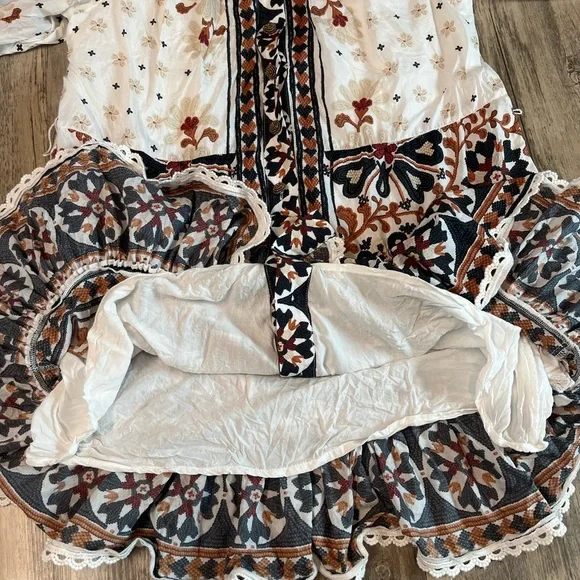 Farm Rio Flower Fan Off White Tapestry Dress Puff Sleeve Button Down Size Small - Picture 11 of 14